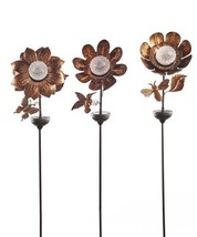 Solar Flower Garden Stakes Set of 3 Lights Up Metal Bronze Color Double Pronged  - £109.61 GBP