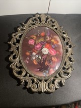 VTG Victorian Floral Oval Ornate Brass Framed Picture FR Italy Flowers Bouquet - £26.69 GBP