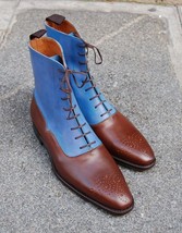 Handmade Brown &amp; Sky Blue Lace Up Ankle High Leather Designer Boots For Men&#39;s  - £127.07 GBP