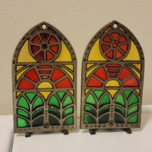 Vintage Stained Glass Cast Iron Tea Light Candle Holder Set Made In Taiwan 6.5” - £35.26 GBP