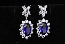 925 Sterling Silver 4.50Ct Oval Simulated  Sapphire Drop/Dangle Earrings Women - £131.57 GBP