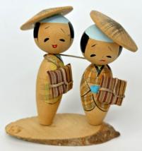 Vintage Japanese Kokeshi Bobble Head Wooden Doll Pair 3&quot; SKU PB196/23 - $28.99