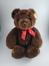 Vtg Gund Marshmallow Stuffed Teddy Bear 17&quot; Brown Plush 4258 Red Bow Stuffy Tags - £15.89 GBP