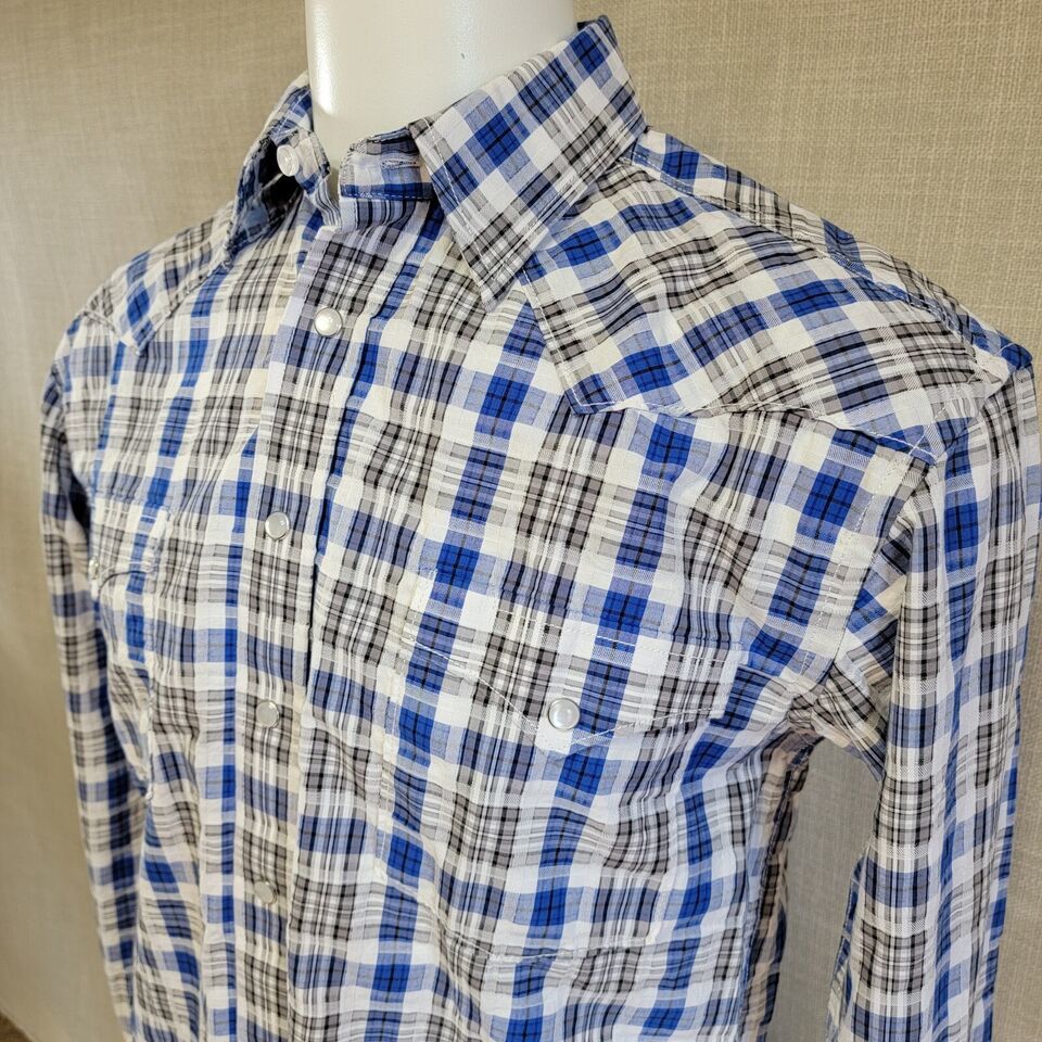 Primary image for Panhandle Rough Stock Shirt Pearl Snap Plaid Western Sz Small Long Sleeve Blue