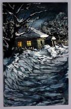 Winter Watercolor Painting Landscape Original Art Paysage Country Night Ukrainia - £71.94 GBP