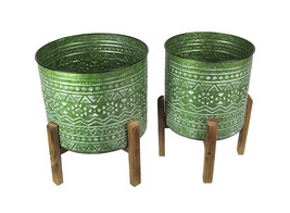 Set of 2 Native Geometric Pattern Stamped Metal Planters With Wooden Stands - £64.67 GBP