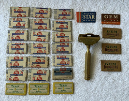 Gem Brass Safety Razor + 26 Pal Hollow Ground Treet Star Razor Blades NOS - £46.40 GBP