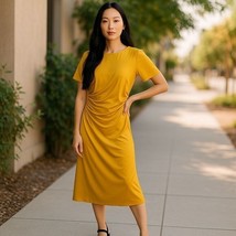 OPT Side Ruched Midi Dress Womens Size Small Molten Gold Side Zip Flutte... - $19.80