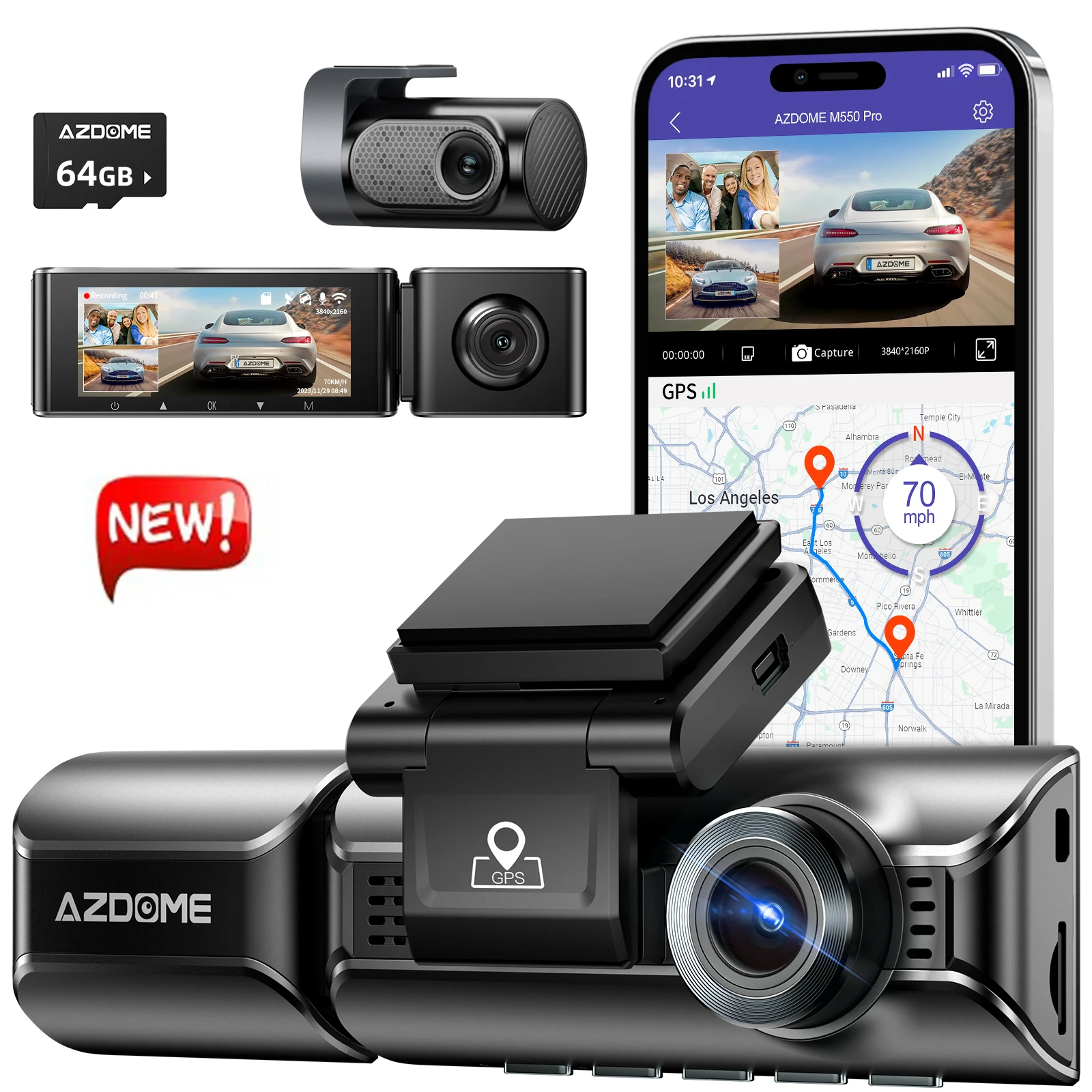 AZDOME M550 Pro Car DVR Dash Cam 5.8Ghz WiFi 3.19&quot; IPS 2 or 3 -Channel Dash Cam - £113.08 GBP+