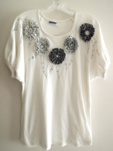 Ladies Top Size L Sewn on Flowers Jewels + Sequins S/S Tee Top by MarieaKim - £11.37 GBP