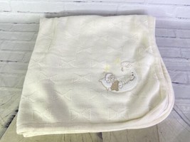 Vintage SMURFS Baby Blanket Cream Off White Smurf Sleeping On Moon Knit Bows - £55.69 GBP