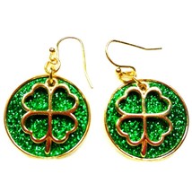 Lucky Shamrock Earrings 4 Four Leaf Clover Irish Dangle Green Glitter Gold Tone - £12.78 GBP