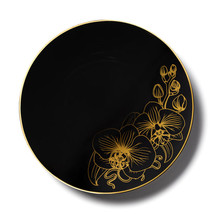 Black &amp; Gold Orchid Floral 10 1/4&quot; Banquet Plastic Dinner Plates 120ct. - £117.03 GBP