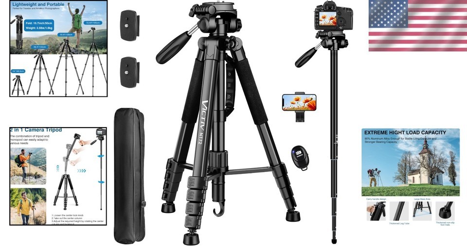 Heavy-Duty 72" Camera Tripod with Monopod Functionality - Perfect for YouTubers Item image 2