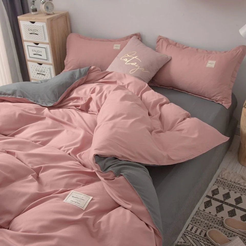 Simple Japanese Solid Color Pink Bedding Set Bed Cover Twin Full Queen Bed Linen - £34.44 GBP+