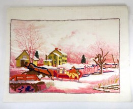 Winter Scene Crewel Embroidery Vintage Unfinished 9.5x14&quot; Needlework Art - £23.81 GBP