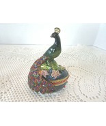JEWELED PEACOCK TRINKET BOX ORANGE FEATHERS BLUE JEWELS BLUE BOX 3.25&quot;H - $370.25 MXN