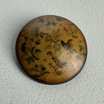 vintage wooden hand painted round bird brooch signed - $24.74