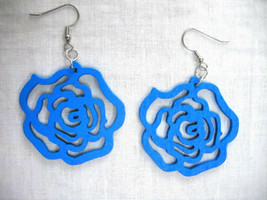 Vivid Bright Blue Cut Out Rose Garden Flower Wooden Dangling Flowers Earrings - £5.49 GBP