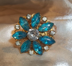 Vintage Prong set Rhinestone Pin Blue and Clear Flower - $9.89