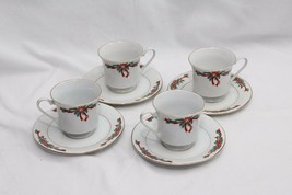 Poinsettias and Ribbons 4 Cups and 4 Saucers Christmas Xmas Lot of 8 pcs - $186.36 MXN