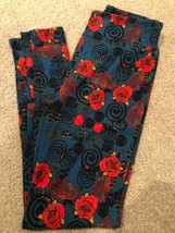 NEW LuLaRoe OS Rose Floral Leaves Leaf Geometric Swirl Teal &amp; Red Leggings #157 - £14.15 GBP