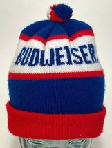 VTG BUDWEISER Knit Winter Hat-Pom Pom-Blue Red White-Toque-Beanie-Beer - £33.81 GBP