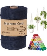 Macrame Cord 3mm x 218 Yard About 200m Natural Cotton Macrame Rope 4 Str... - $22.99