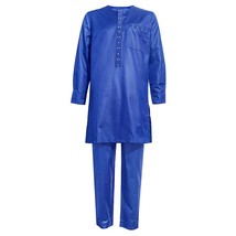 H&amp;D  Clothes for Men Dashiki Bazin Top Pant 2 Pieces Outfit Set White Blue Embro - £130.36 GBP