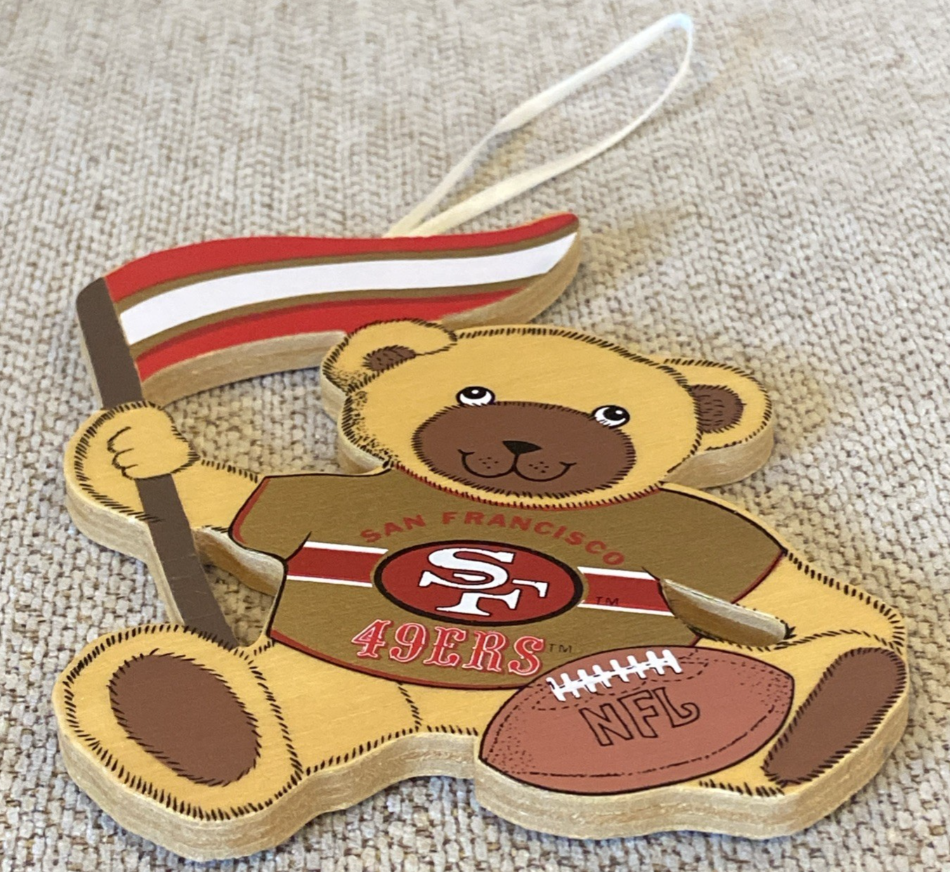 1991 San Francisco 49ers Teddy Bear with Flag Wooden Christmas Ornament Item image 4
