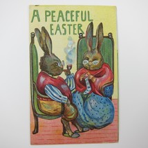 Easter Postcard Anthropomorphic Rabbit Grandma Knits Grandpa Smokes Pipe Antique - £12.70 GBP