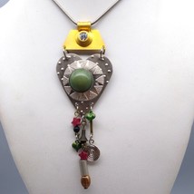 Unique Two Tone Collage Assemblage Pendant Necklace, Celestial Hearts and Stars - $37.74