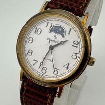 VTG Peugeot Quartz Watch Men Gold Tone Moon Phase Leather Band ~For Part... - $442.21 MXN