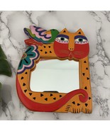 Vintage Laurel Burch Painted Wood Mirror Orange Cat Bird Colorful Small ... - $661.44 MXN