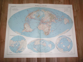 1958 Vintage Map Of World Air Routes Transportation Airlines America Europe Asia - $31.97