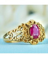 Natural Ruby Vintage Style Floral Filigree Ring in Solid 9K Yellow Gold - £784.56 GBP