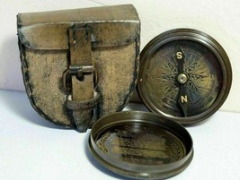 Brass Pocket Compass Leather Case Antique 100 Year Calendar Working Compass 2&#39;&#39; - £22.11 GBP