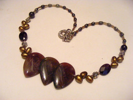 INDIA AGATE OVERLAPPING TEARDROP, GOLDEN PEARLS BEADED NECKLACE  &amp; EARRINGS - £7.86 GBP
