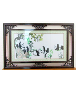 Large Carved Wood Framed Suzhou Style Bifacial Embroidery Panda Family Art - $246.51