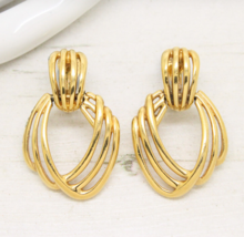 Vintage 1980s Signed Monet Triple Hoop Swirl Gold Clip On EARRINGS Jewellery - £24.01 GBP