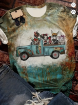 NEW! Trendy Farm Animals Vintage Blue Truck Boho Style Women&#39;s T Shirt Country - £21.31 GBP