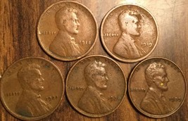 1918 1919 1920 1936 1939 Lot Of 5 Usa Lincoln Wheat One Cent Penny Coins - £4.09 GBP