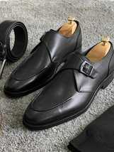 New Handmade Men&#39;s Black Cowhide Leather Single Monk Dress Formal Shoes - £103.74 GBP