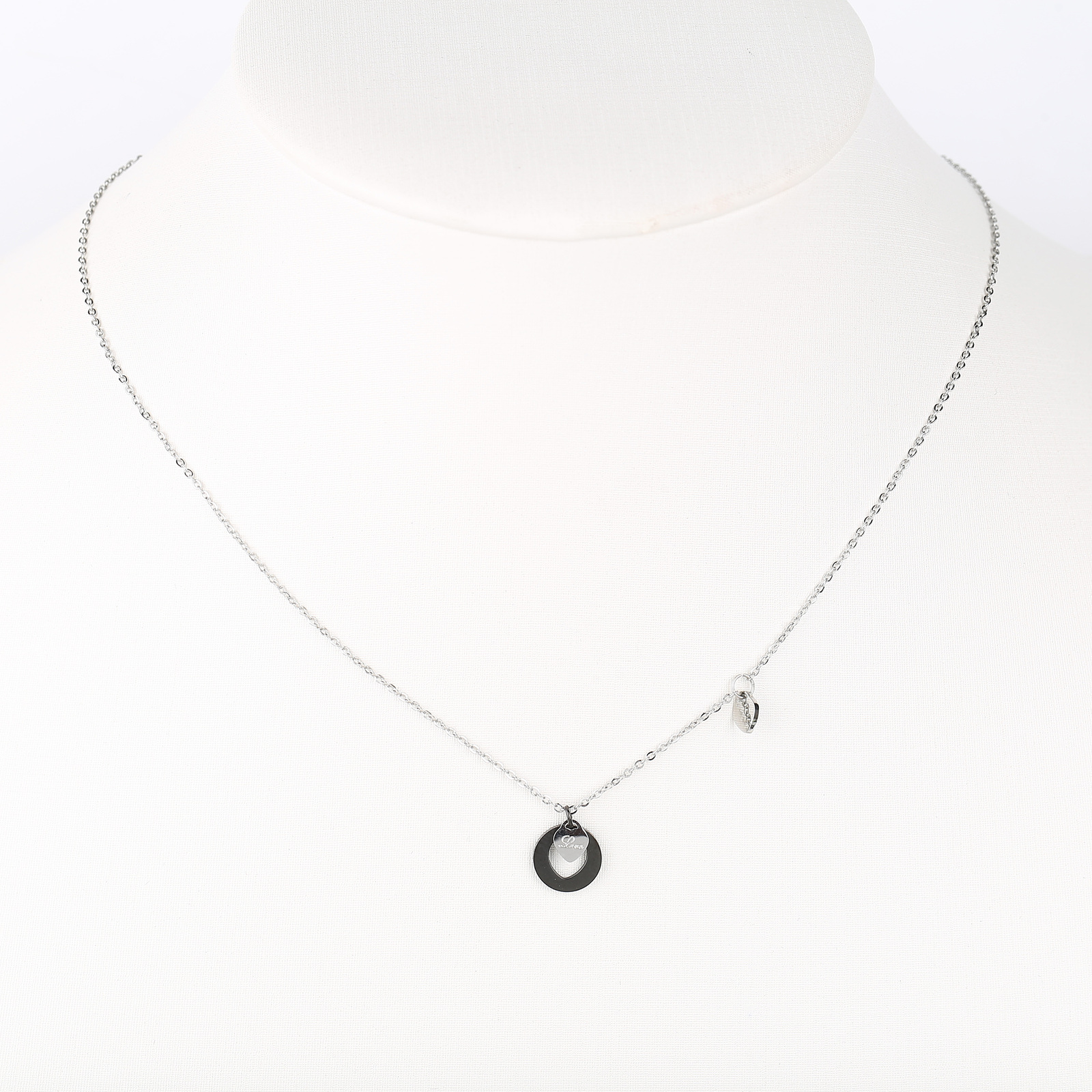Silver Tone Necklace With Jet Black Heart Cut Out Pendant & Charm
