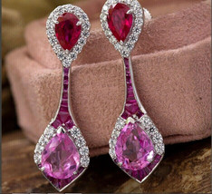 4Ct CZ Pink Sapphirre Art Deco Style Drop Dangle Earrings 14K White Gold Plated - £113.90 GBP