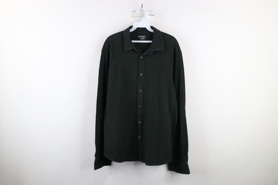 Untuckit Mens Large Distressed Pique Cotton Knit Collared Button Shirt G... - $24.70