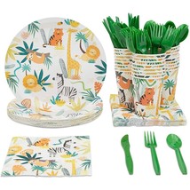 144 Piece Jungle Safari Theme Birthday Party Decorations, Zoo Animal Dinnerware - £26.67 GBP