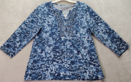 Fresh Blouse Top Womens Large Blue Floral Cotton Long Sleeve V Neck Button Front - £12.54 GBP