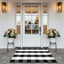 Frendy Buffalo Plaid Outdoor Rug, 27.5&quot; X 43.5&quot; Black And White Cotton - £31.90 GBP