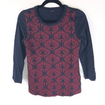 J Crew Women T Shirt Top Embroiedered 3/4 Sleeve Geometric Navy Blue Burgundy XS - £7.78 GBP